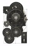 Geometric style, realistic, vitruvian man, moon phases above his head vertically, it will be placed on my spine tattoo design idea