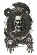 Geometric style, realistic, vitruvian man, moon phases above his head vertically, it will be placed on my spine tattoo design idea