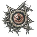 Realistic human eye, satanic pentagram, blood splatter, veins, Satan, Satanic. Metal bloody thorns. tattoo design idea