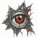 Realistic human eye, satanic pentagram, blood splatter, veins, Satan, Satanic. Metal bloody thorns. tattoo design idea