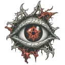 Realistic human eye, satanic pentagram, blood splatter, veins, Satan, Satanic. Metal bloody thorns. tattoo design idea