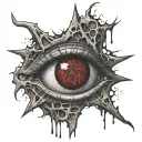 Realistic human eye, satanic pentagram, blood splatter, veins, Satan, Satanic. Metal bloody thorns. tattoo design idea