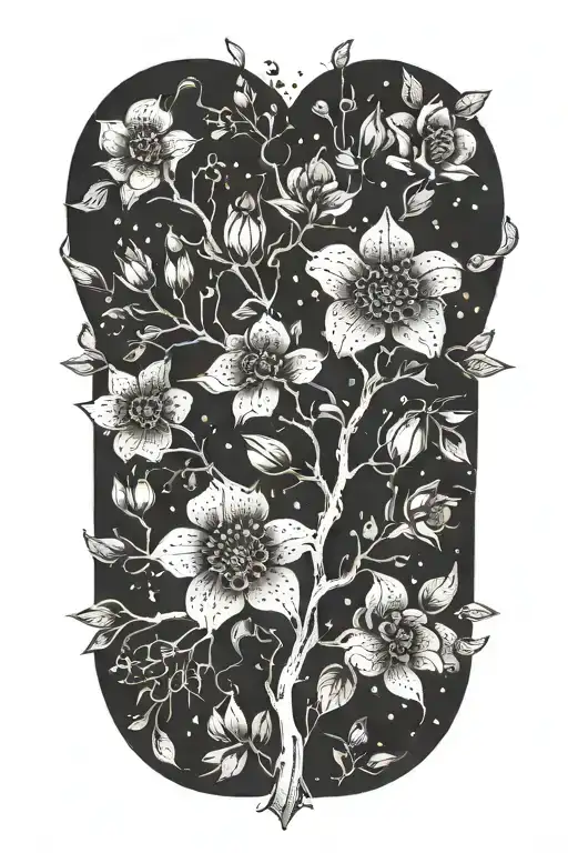 May, August, October, November, February birth flowers growing from tree branches  tattoo design idea