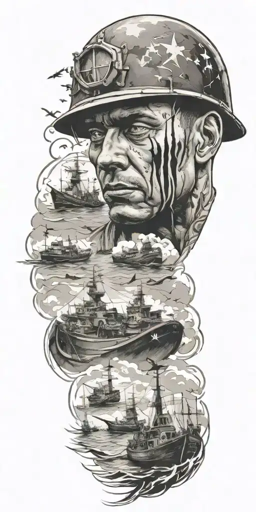 war soldier with boats and planes tattoo design idea