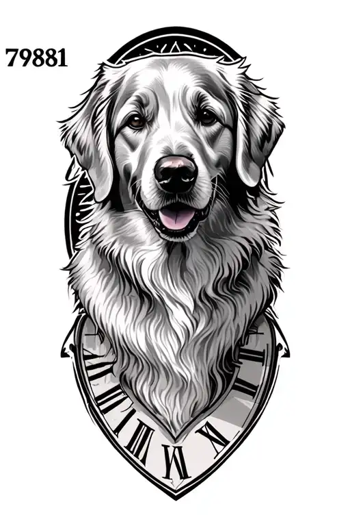 conceptual tattoo, law profession, lawyer, full sleave, with roman numeral number 79881, golden retriever tattoo design idea