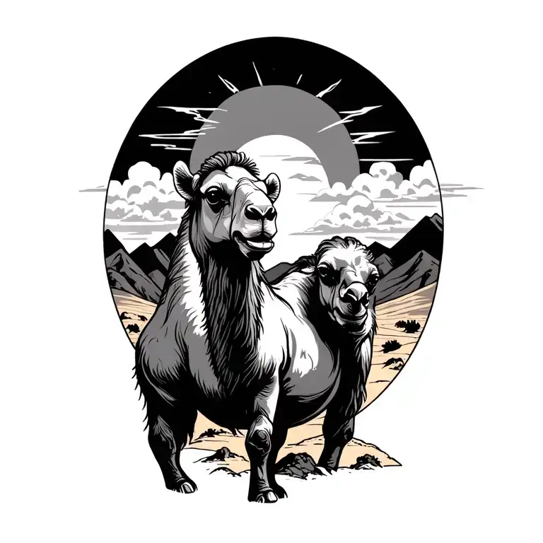 camel in desert with sun and clouds and mountains tattoo design idea