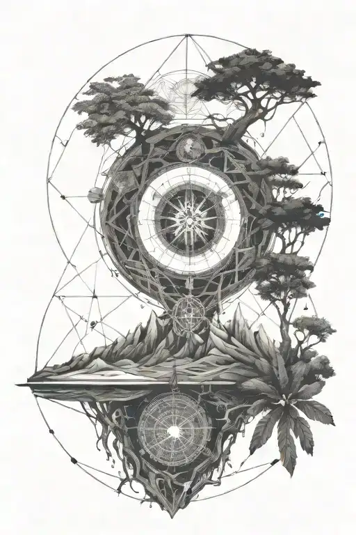 Geometric landscape including a dragon, a compass, broken chains and the tree of life tattoo design idea