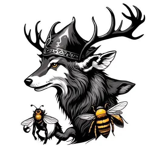 jester cap,charging stag,wolf,bee tattoo design idea