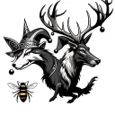 jester cap,charging stag,wolf,bee tattoo design idea