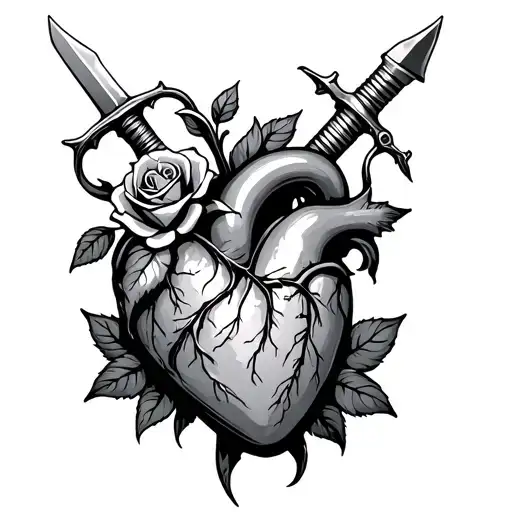 heart with dagger and rose going thru either side diagonally, simple tattoo design idea