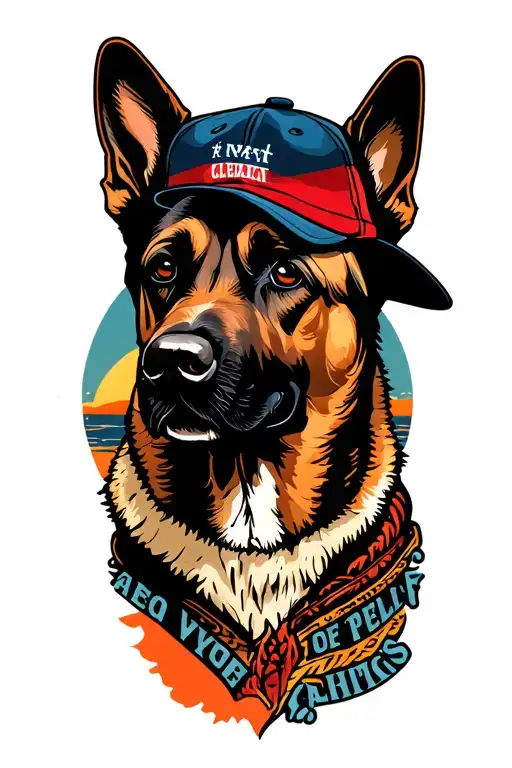 a bullet shaped sunset silhouette of a male human with a baseball hat on and his Belgian Malinois tattoo design idea