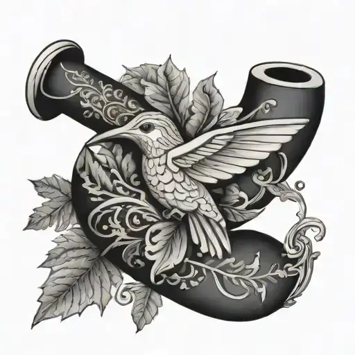 oak leaves gardenia hummingbird tobacco pipe walking cane tattoo design idea