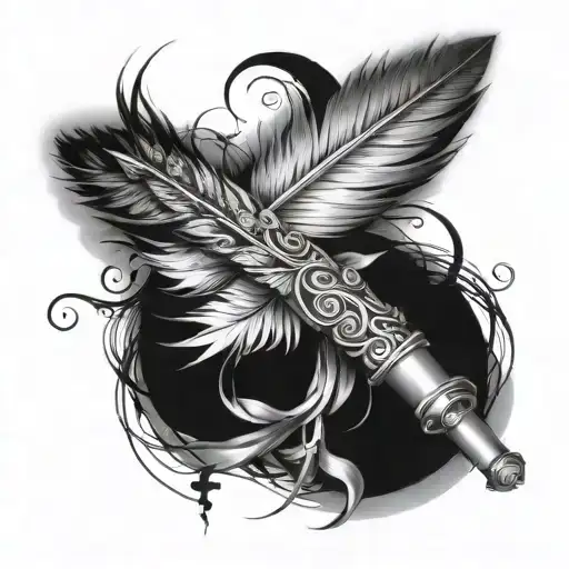 flute with a feather wrapping around it men forearm tattoo design idea