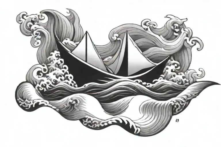paper boat on waves crashing tattoo design idea