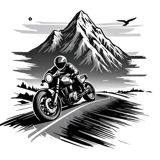 A mountain road that snakes among the mountains, on which a motorcycle is moving. In the background the clear sky with the bird tattoo design idea