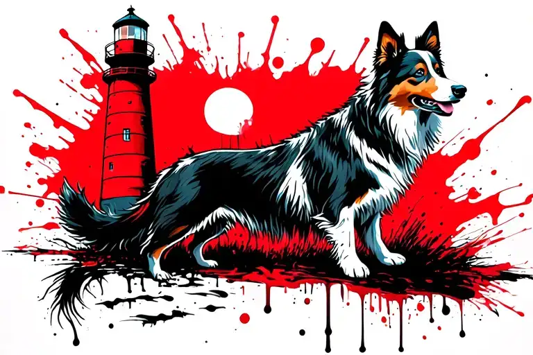 lighthouse with collie dog playing tattoo design idea