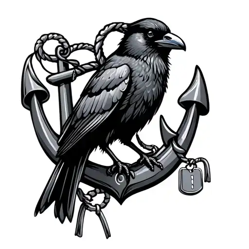 crow sitting on fouled anchor with dog tags  tattoo design idea