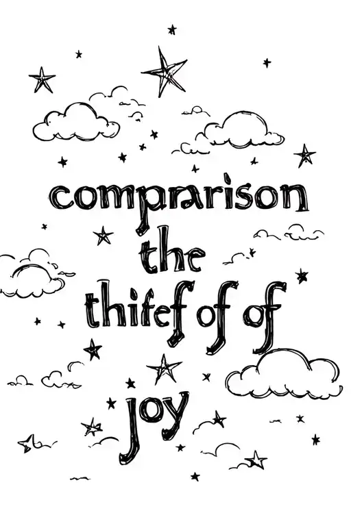 quote “comparison in the thief of joy” with clouds and stars in backround tattoo design idea