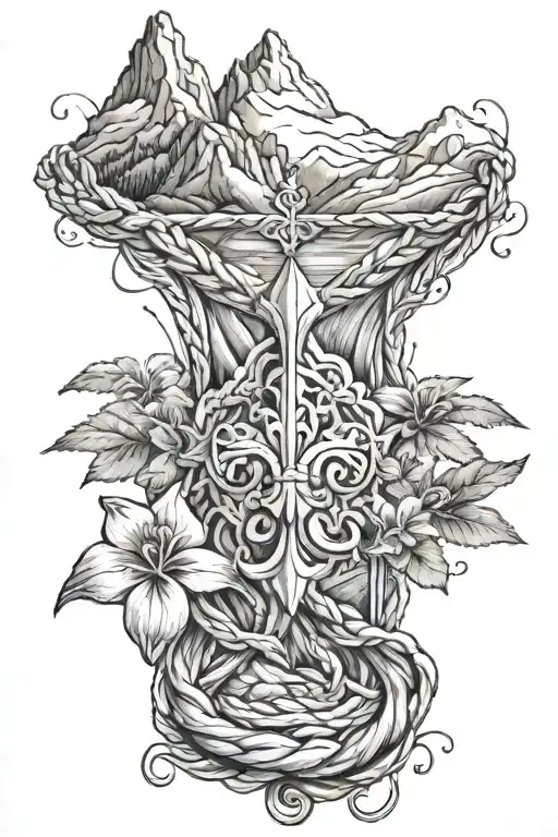 Swiss mountains and little stream with Fleur-de-lis intertwined within, rope running through tattoo design idea