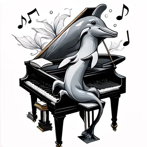 A black-grey tattoo of a dolphin playing a grand piano surrounded by floating books and musical notes tattoo design idea