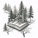 An abstract representation of a forest with hidden images of books and pencils among the trees tattoo design idea