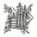 An abstract representation of a forest with hidden images of books and pencils among the trees tattoo design idea