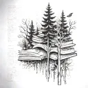 An abstract representation of a forest with hidden images of books and pencils among the trees tattoo design idea