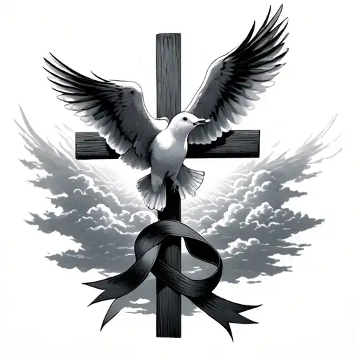 3 doves flying over a cross each with a ribbon intertwined and clouds with light shining through  tattoo design idea