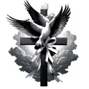3 doves flying over a cross each with a ribbon intertwined and clouds with light shining through  tattoo design idea