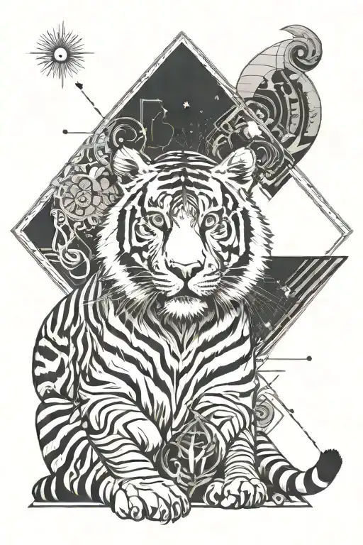 Tiger, Cancer sign and Sun Moon Rising Sun in the background tattoo design idea