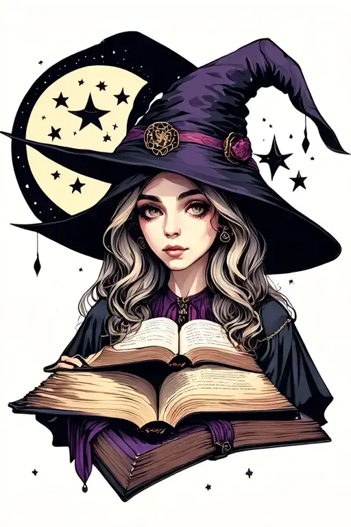 gothic book lover, with witchy vibes with stars moon and different spirit vibes tattoo design idea