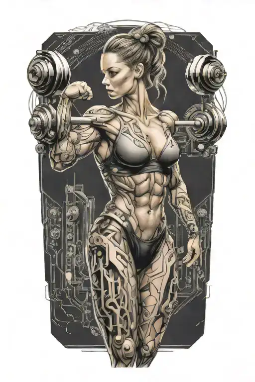 bodybuilder muscular women deadlifting with technology circuits vectors board merging tattoo design idea