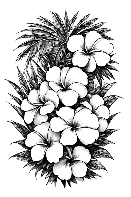A tattoo featuring plumeria flowers and palm trees intertwined with Polynesian symbols, symbolizing the client's love for Hawaii and Guam tattoo design idea