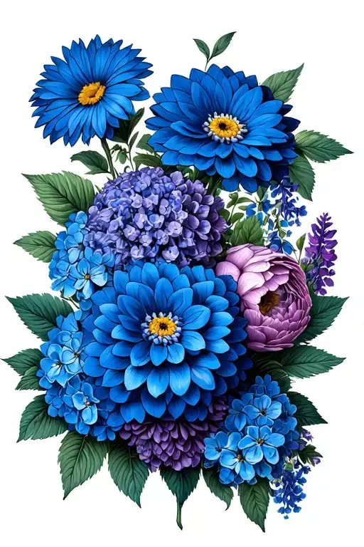 clean street with blue hydrangeas, daisies ,purple lilacs, ed dahlias, Blue delphinium, Black dahlias, peonies, chamomil tattoo design idea