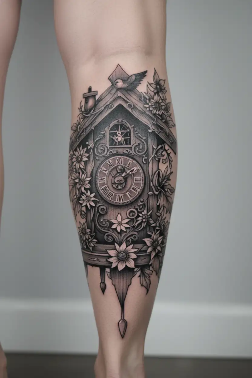simple German cuckoo clock with edelweiss flowers surrounding  tattoo design idea