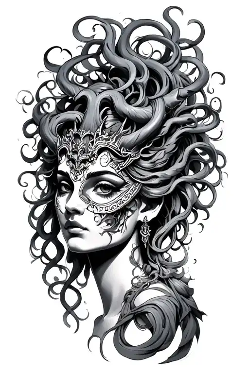 medusa goddess with oni mask tattoo design idea