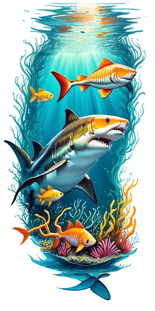 ocean floor with shark and fish tattoo design idea