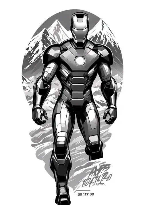 “Iron Man in black & grey, heroic pose, Alps in background, bib 1172 on arm, 10:34:50 below arc reactor, vertical tattoo tattoo design idea