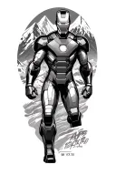 “Iron Man in black & grey, heroic pose, Alps in background, bib 1172 on arm, 10:34:50 below arc reactor, vertical tattoo tattoo design idea