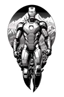 “Iron Man in black & grey, heroic pose, Alps in background, bib 1172 on arm, 10:34:50 below arc reactor, vertical tattoo tattoo design idea