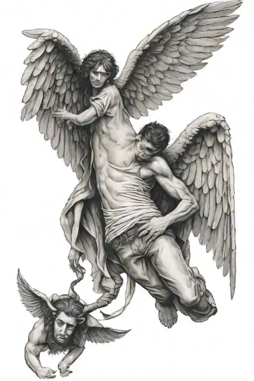 fallen angel holding devil wings tattoo design idea