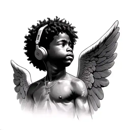 realistic African American angel boy with Afro praying with head looking slightly down with headphones covering ears tattoo design idea