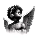 realistic African American angel boy with Afro praying with head looking slightly down with headphones covering ears tattoo design idea