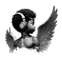 realistic African American angel boy with Afro praying with head looking slightly down with headphones covering ears tattoo design idea