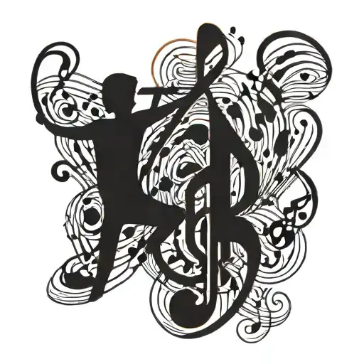 A tattoo design featuring musical notes intertwined with silhouettes of friends and family members tattoo design idea