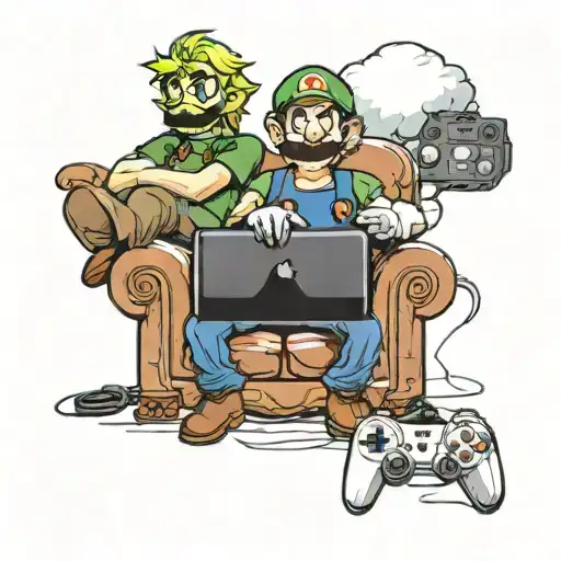 Cloud, Mario & link sitting on a couch with controllers which come towards the centre of a tv view as if they are playin tattoo design idea