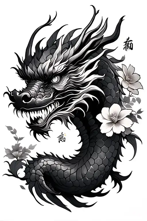 a Chinese dragon with Chinese-themed flowers  tattoo design idea