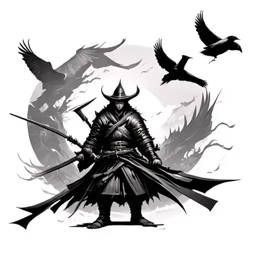 ronin with crows flying in the background black tattoo design idea