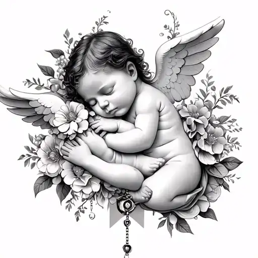 Sleeping baby cherub, floral with rosary Women long back tattoo tattoo design idea