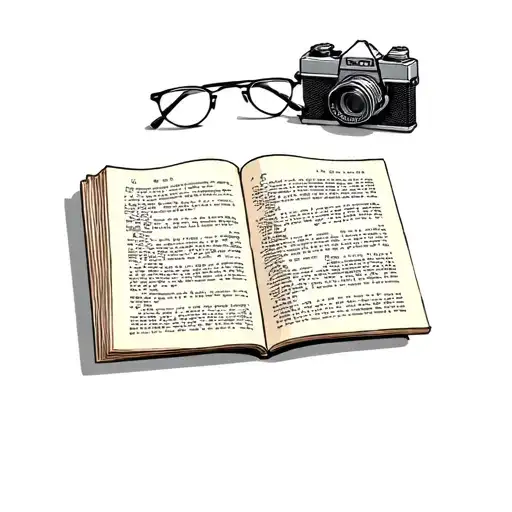 an open book with a pair of classic round eyeglasses resting on top. Next to the book, a small vintage film camera  tattoo design idea